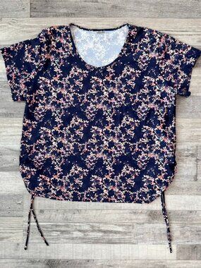 Modli Navy Coral Floral Short Sleeve Swim Top Size 3X Side Ruched G31